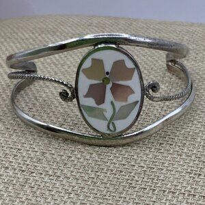 Alpaca Mexico Silver Abalone Flower Inlay Cuff Bracelet